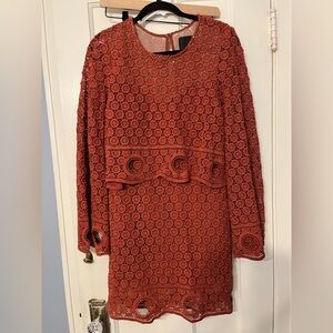 Intermix VTG boho lace eyelet red mini dress festival fairy M hippie